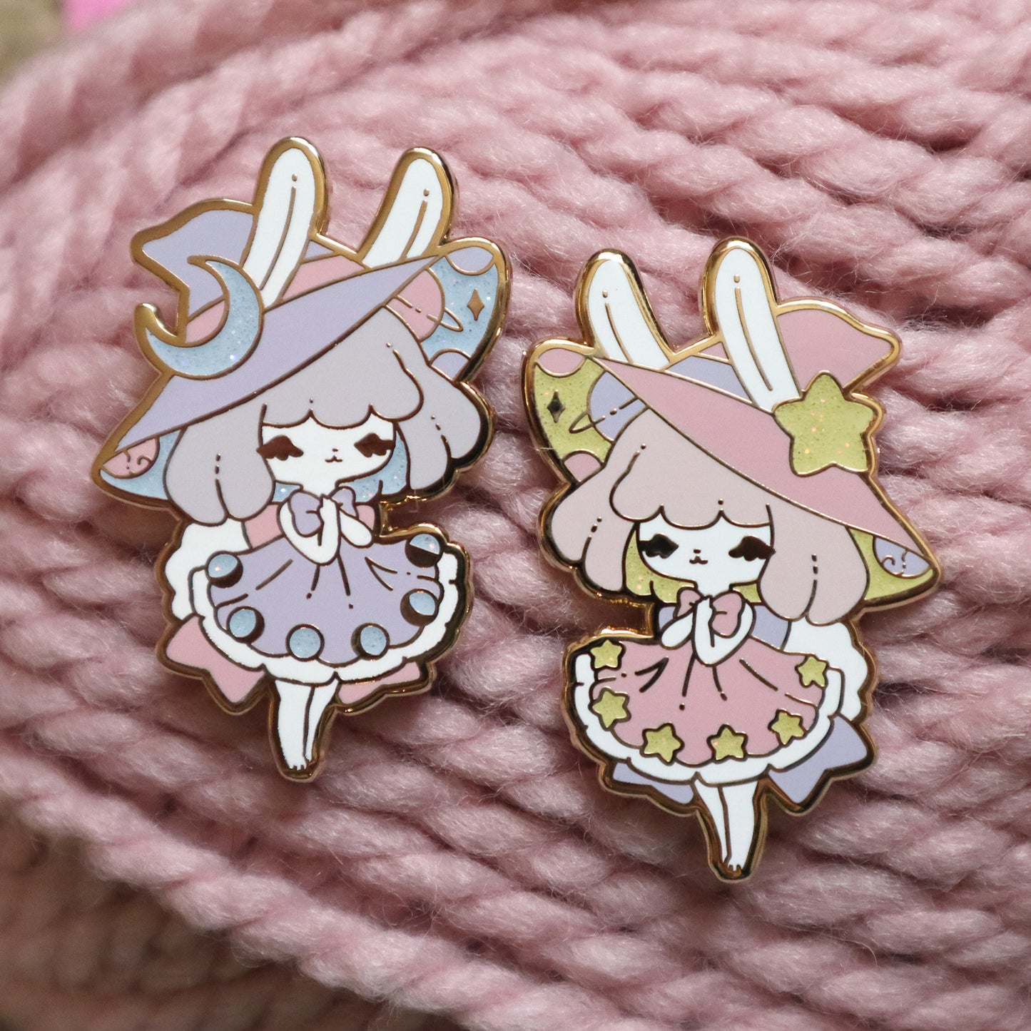 Pastel Moon & Star Bunny Witch Pins ~ Last chance