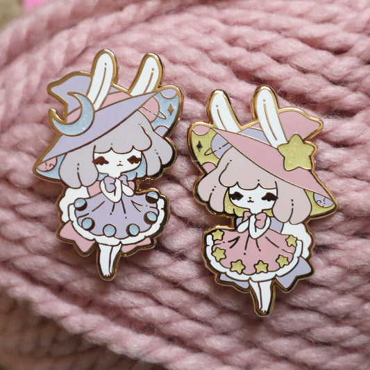 Pastel Moon & Star Bunny Witch Pins ~ Last chance